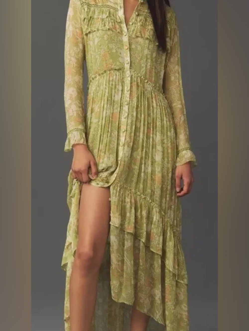 NWT. Anthropologie Light Green Floral Ruffle-Trim Midi Dress